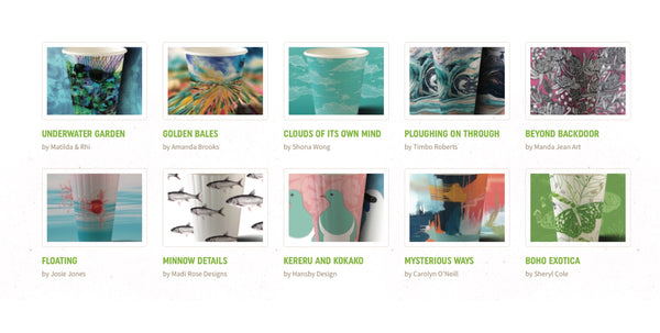 The Hansby Design BioCup alongside other coffee cup designs in the BioCup art series