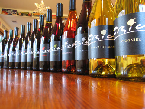 Line up of Frick Wine bottles