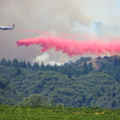 Airplane tanker dumping red fire retardant on Wallbridge Fire.