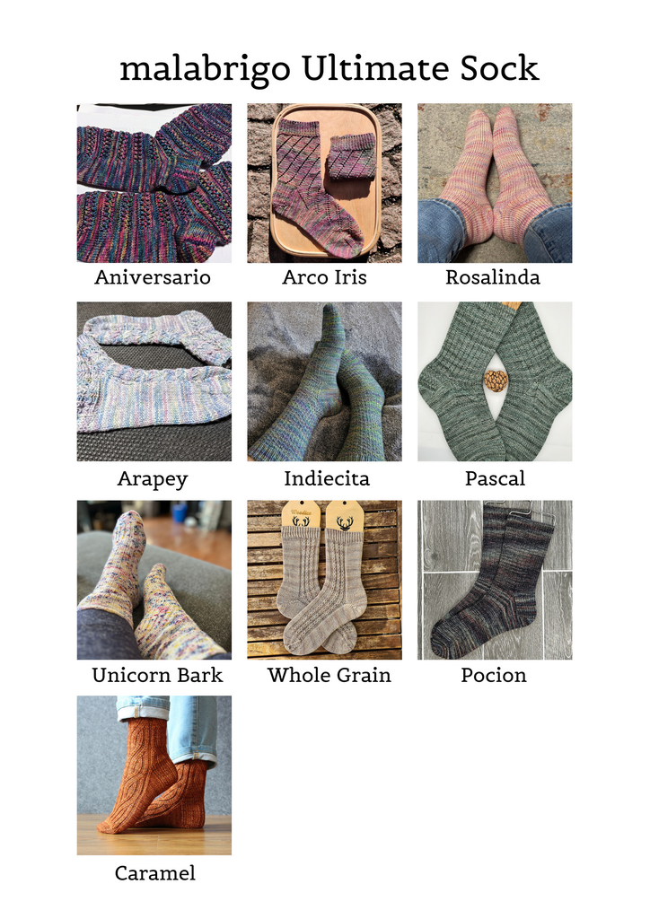 Eksempler på sokker strikket i Malabrigo Ultimate Sock Garn i forskellige farver