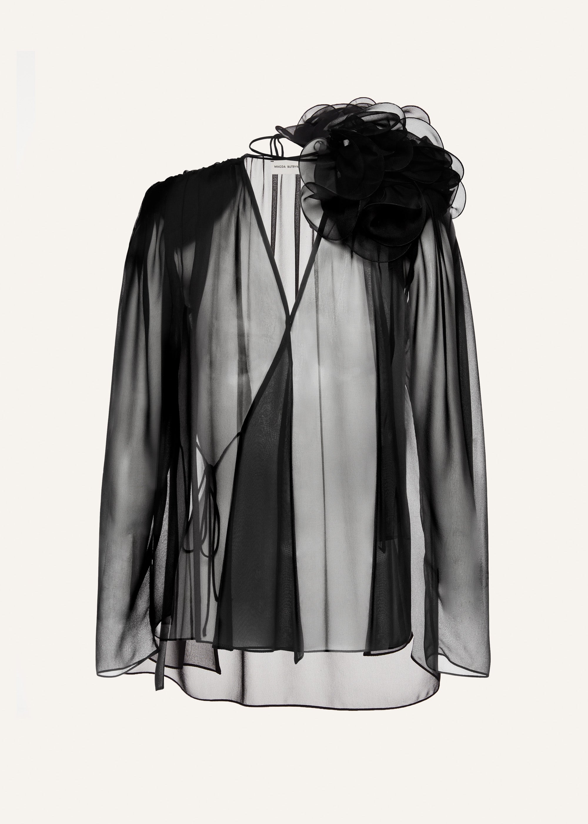 Classic shirred flower blouse in sheer black | Magda Butrym