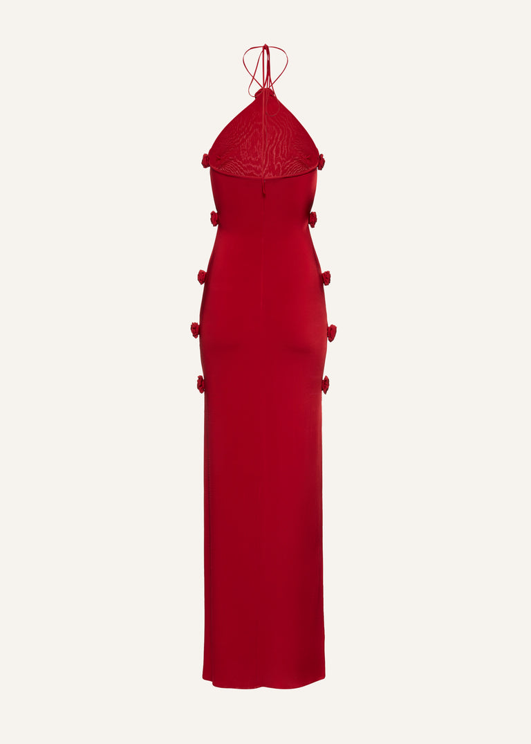 Open side rosette halter jersey maxi dress in red | Magda Butrym