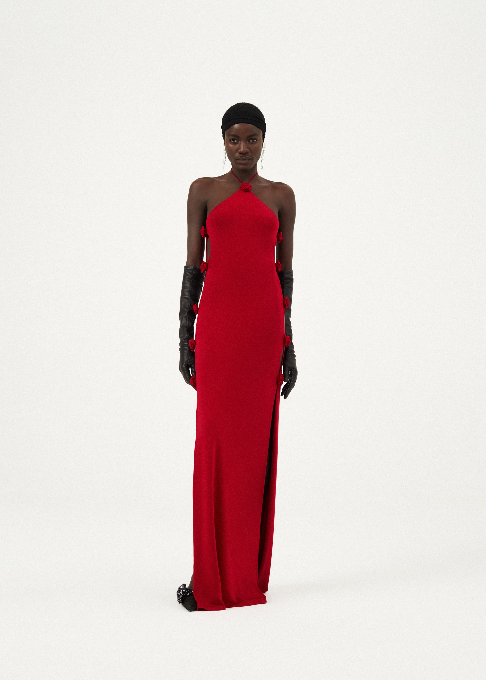 Open side rosette halter jersey maxi dress in red | Magda Butrym