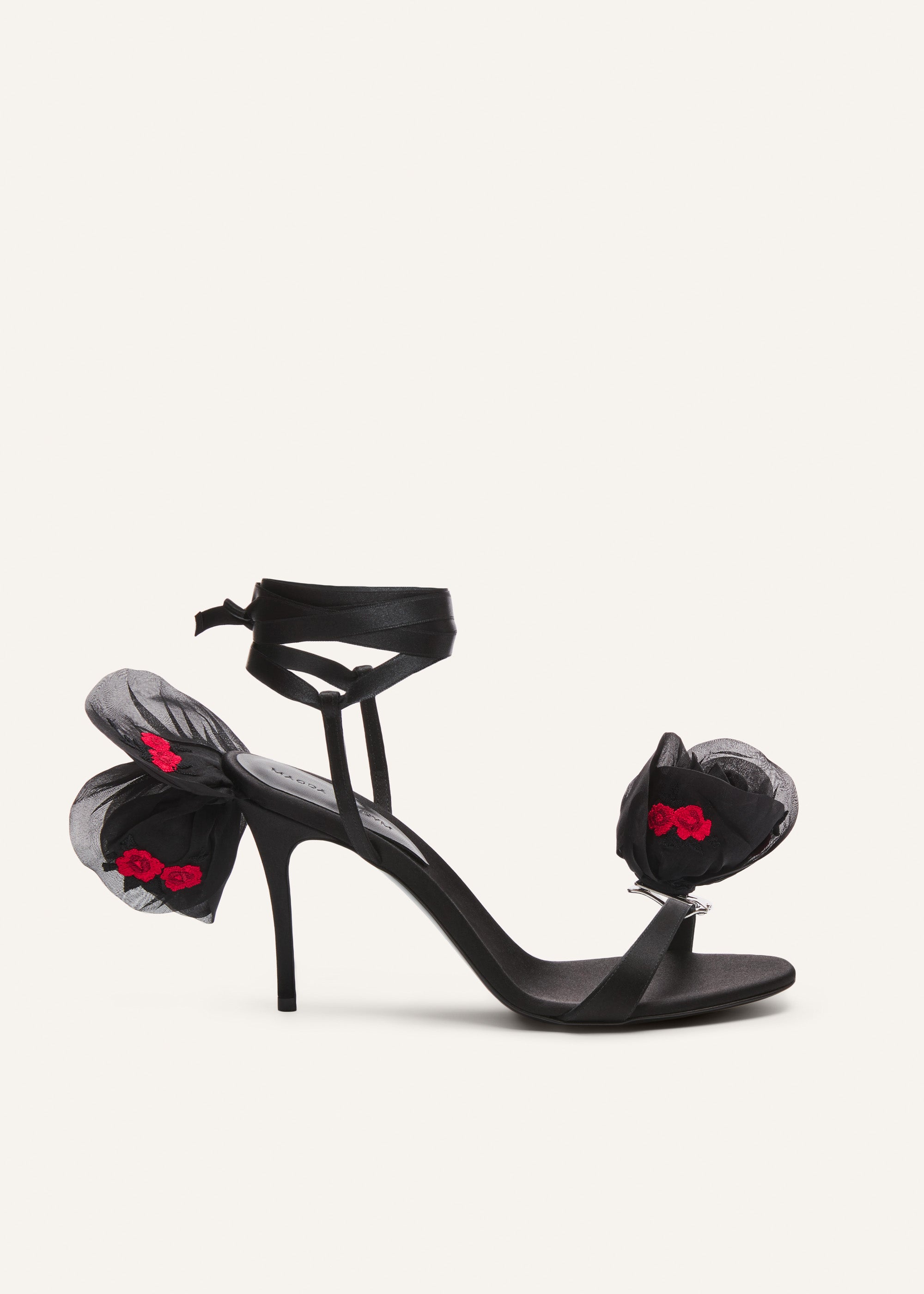 Double red flower heel sandals in black satin