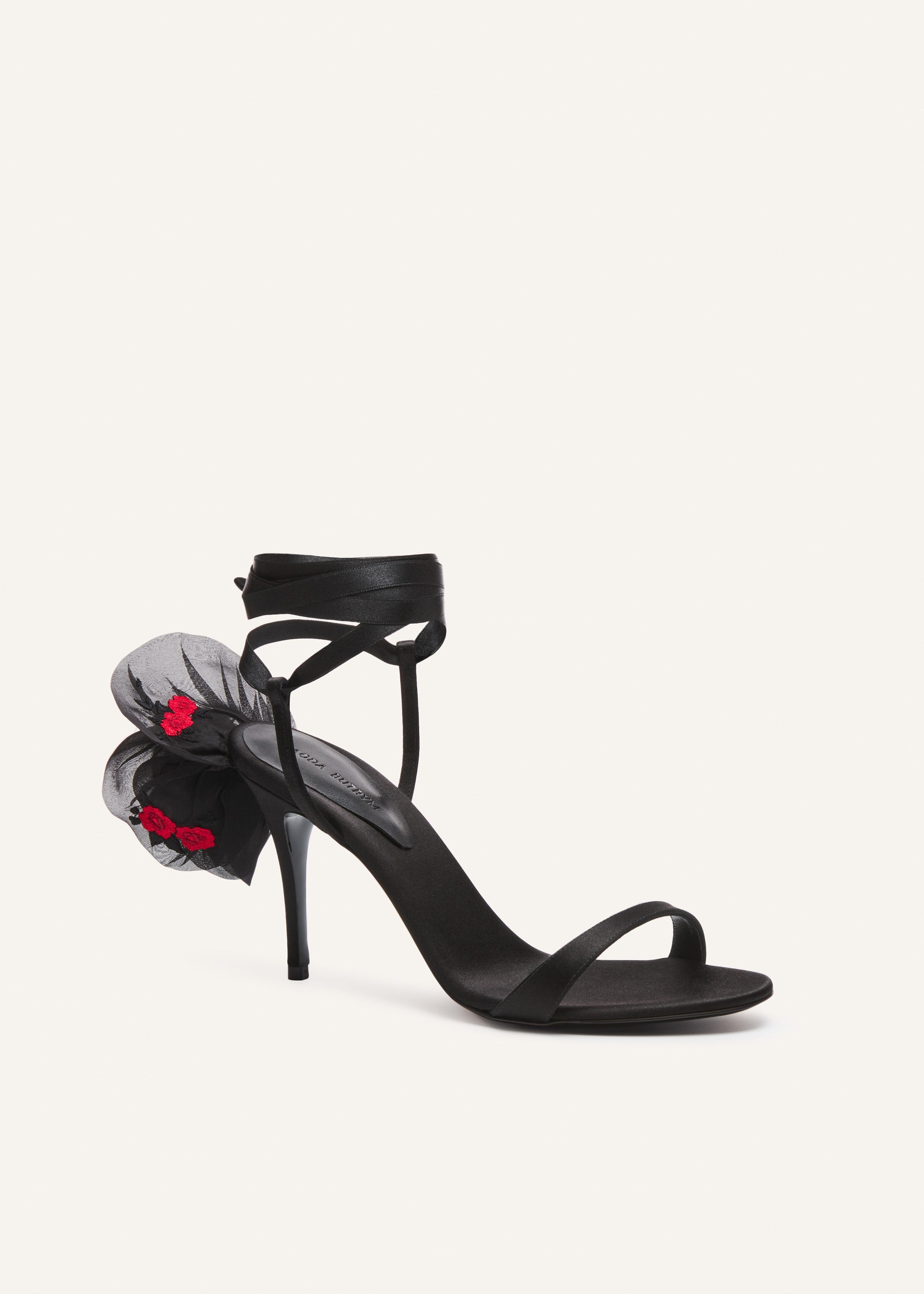 Double red flower heel sandals in black satin