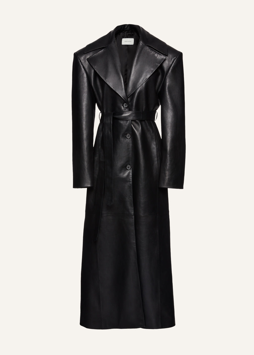 Long faux fur trim belted leather coat in black | Magda Butrym