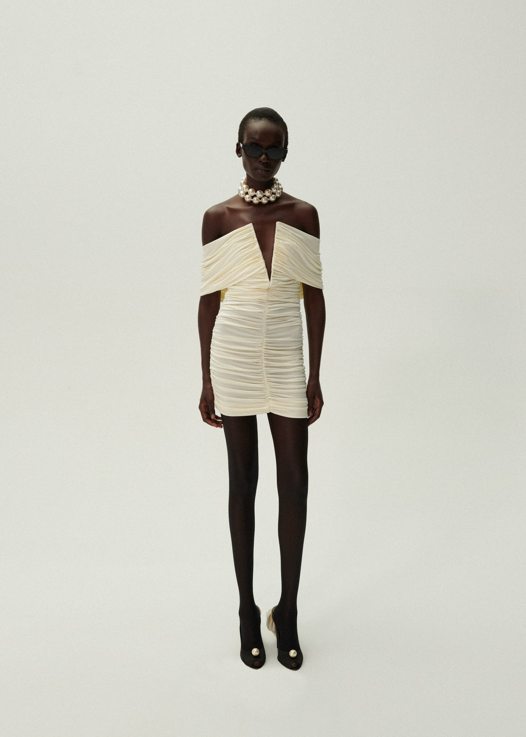 V neck ruched dress in cream | Magda Butrym