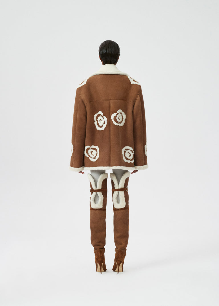 Suede and shearling flower coat in natural | Magda Butrym