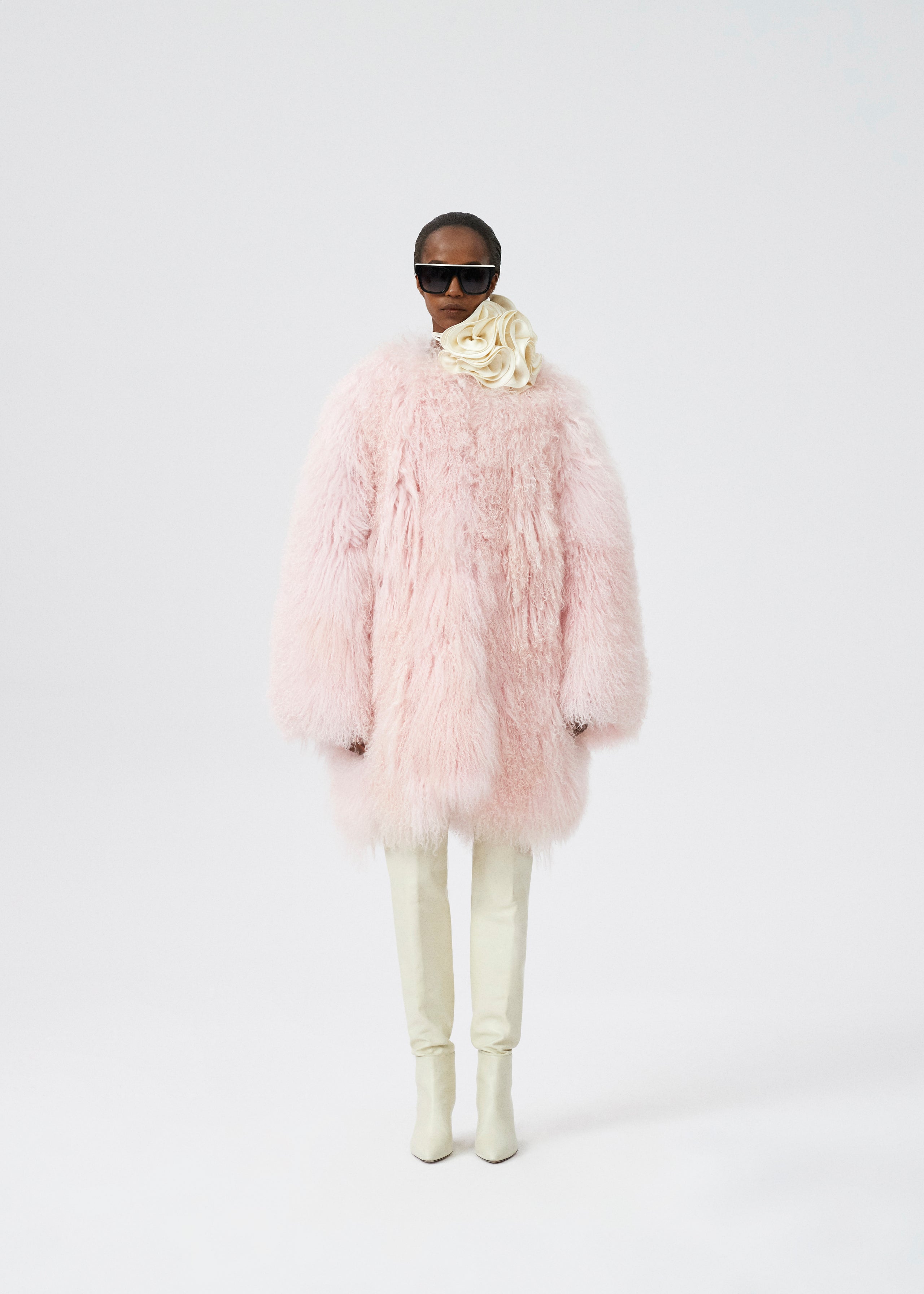 Shag shearling long coat in pink | Magda Butrym