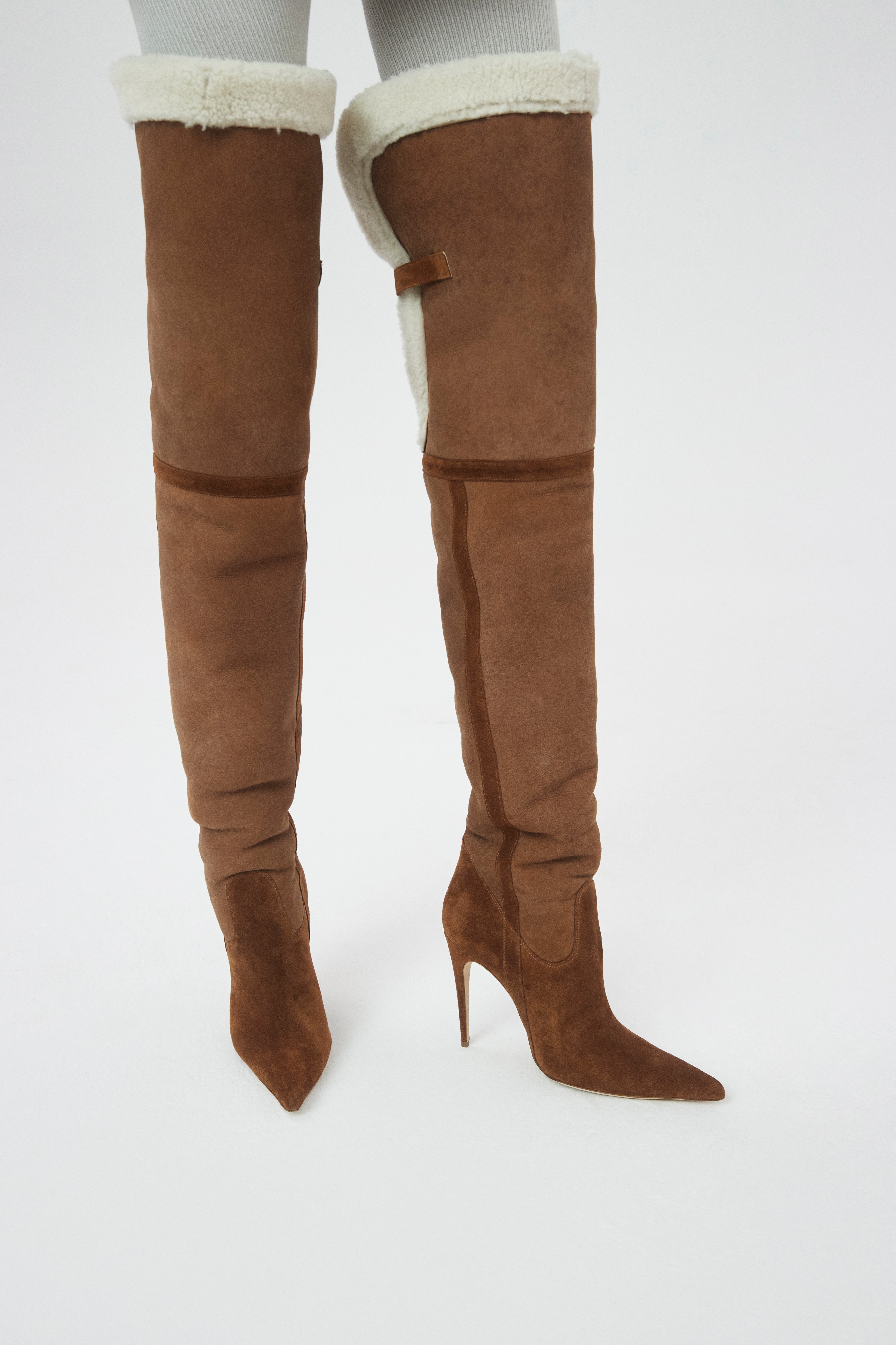 Shearling Over The Knee Boots in Beige