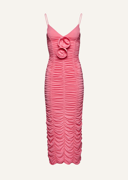 Ruched floral appliqué midi dress in pink | Magda Butrym