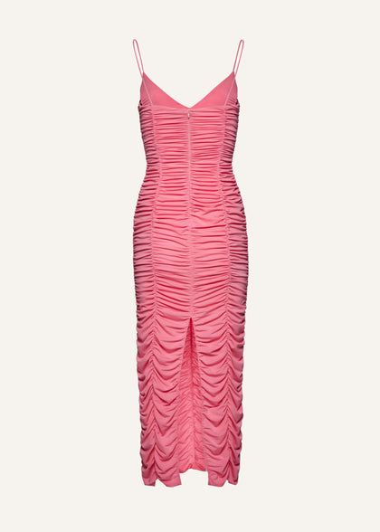 Ruched floral appliqué midi dress in pink | Magda Butrym