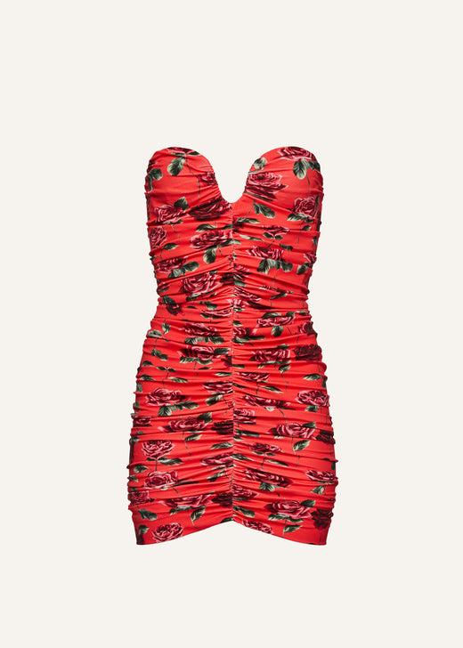 Ruched bustier dress in red print | Magda Butrym