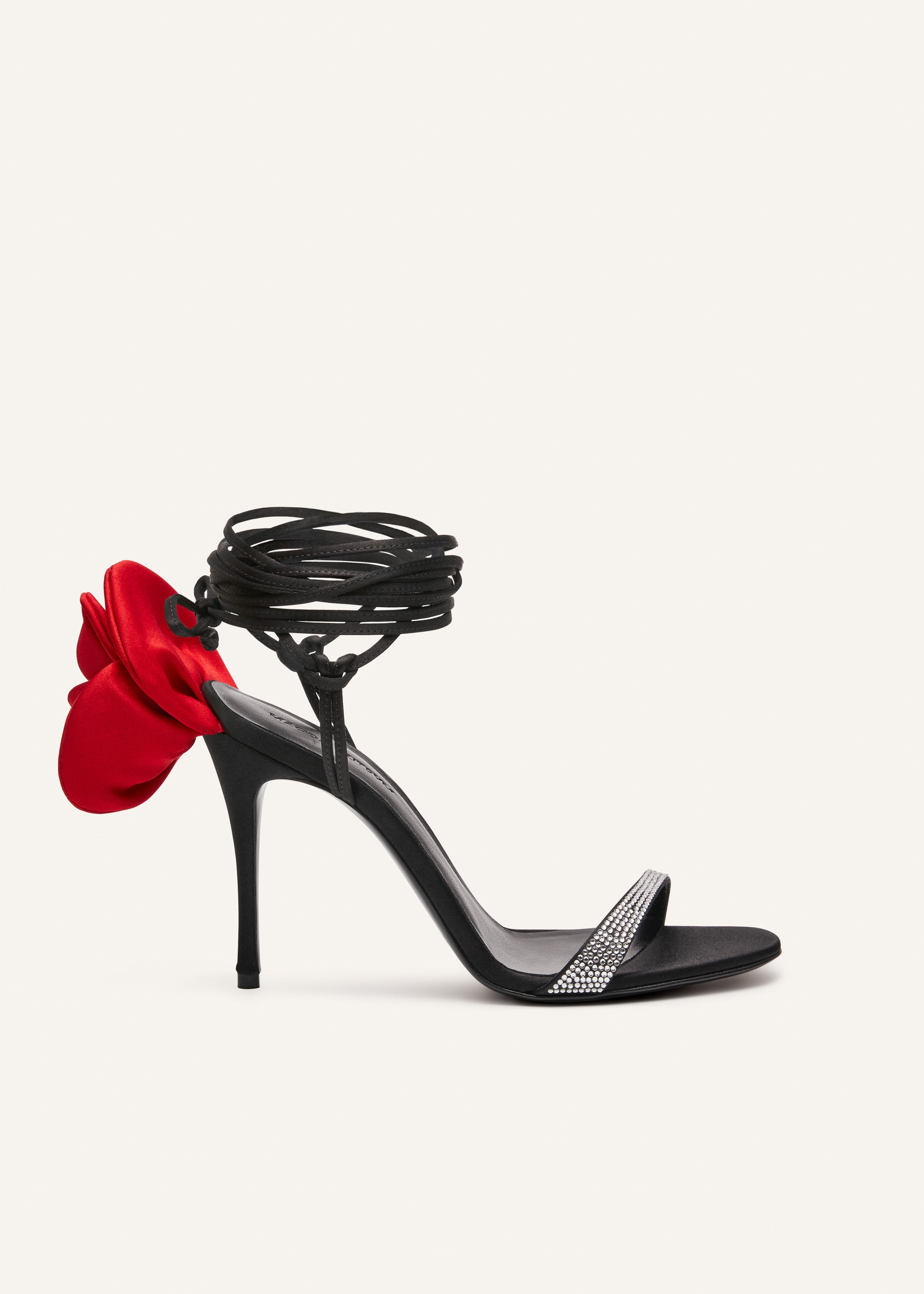 Double red flower heel sandals in black satin