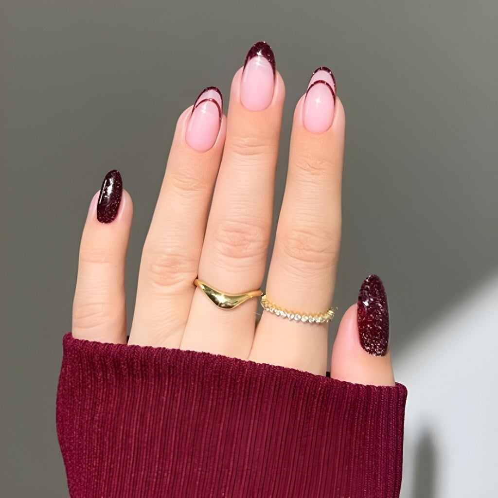 Burgundy & Black French Tip Nails