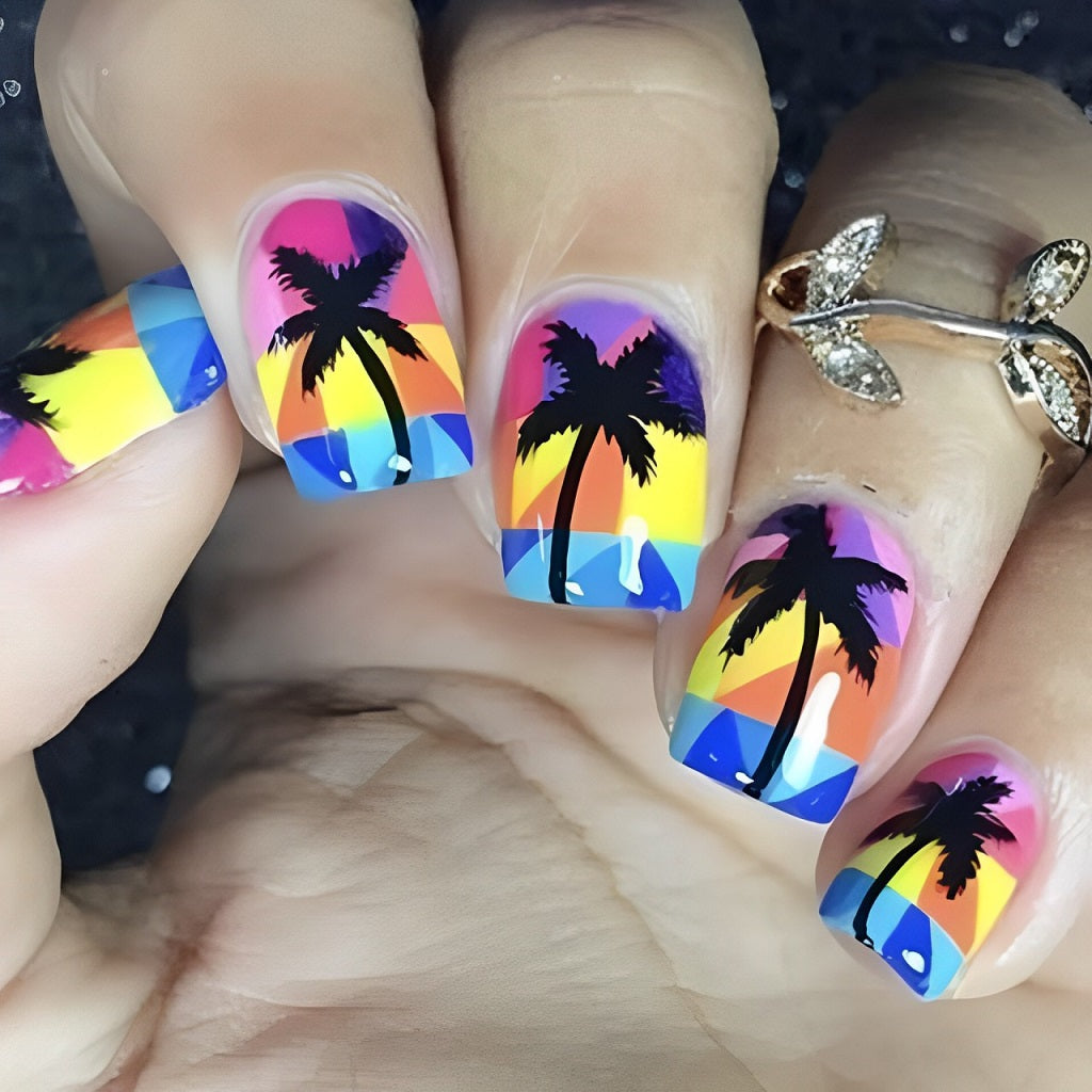Colorblocked Palm Tree Nails