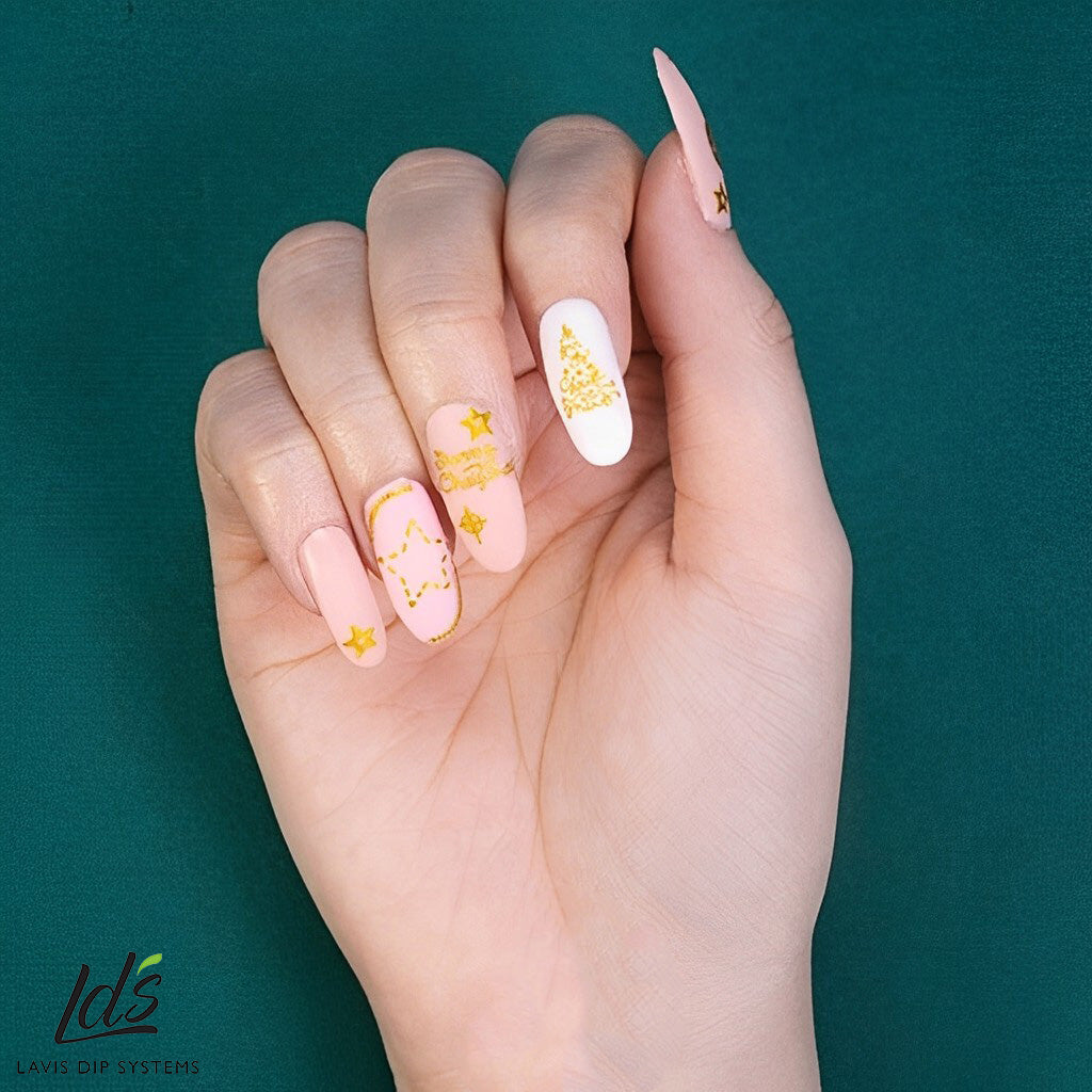 Pink & Gold Snowflakes with Golden Glitters Gel Nail Stickers | Goldflakes | Danni & Toni