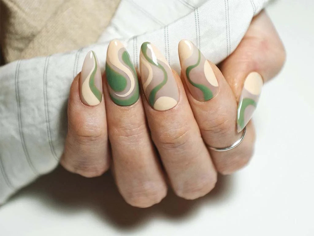 Matcha Latte Nails with Swirls