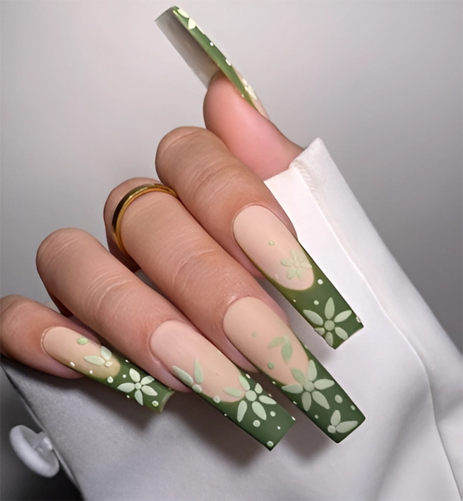 Matcha Nails with Textured Flowers