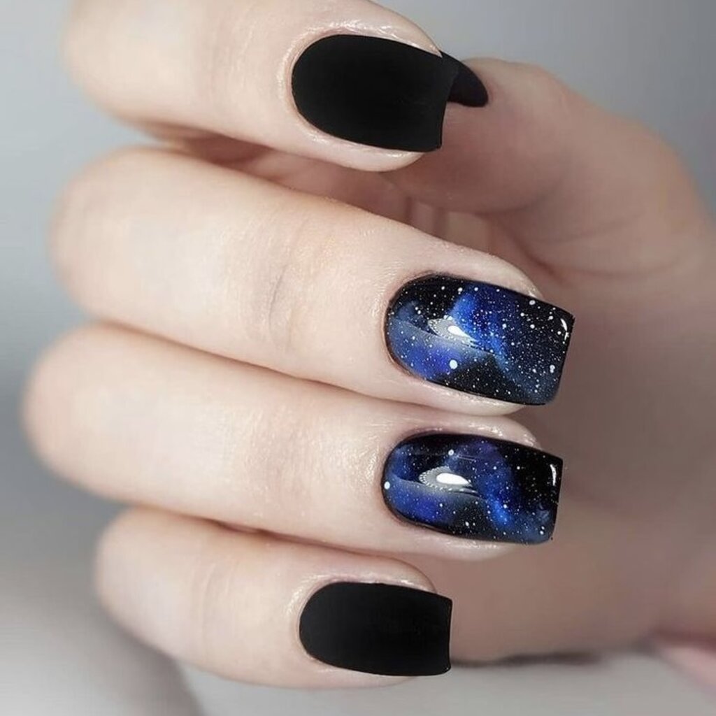 Matte Black Nails With Galaxy Accents