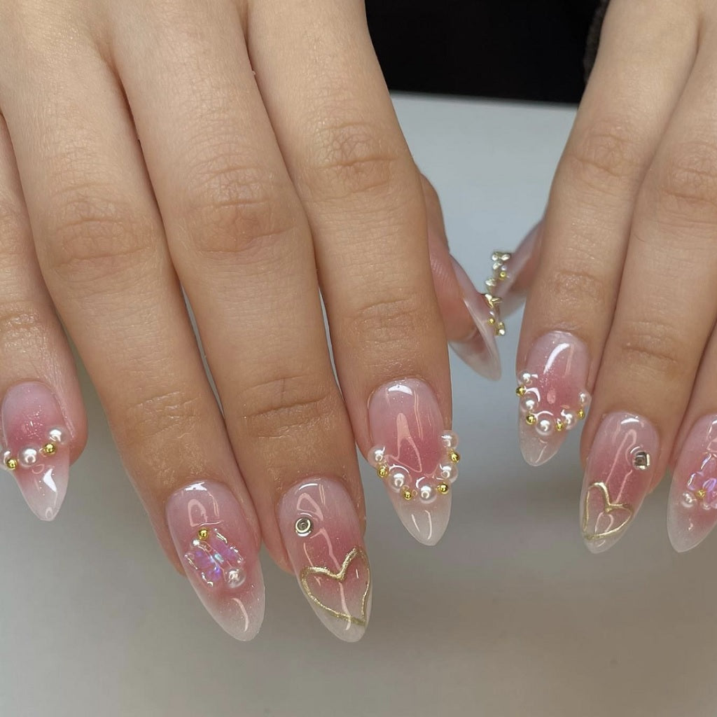 Pink Aura Nails with Pearls and Hearts