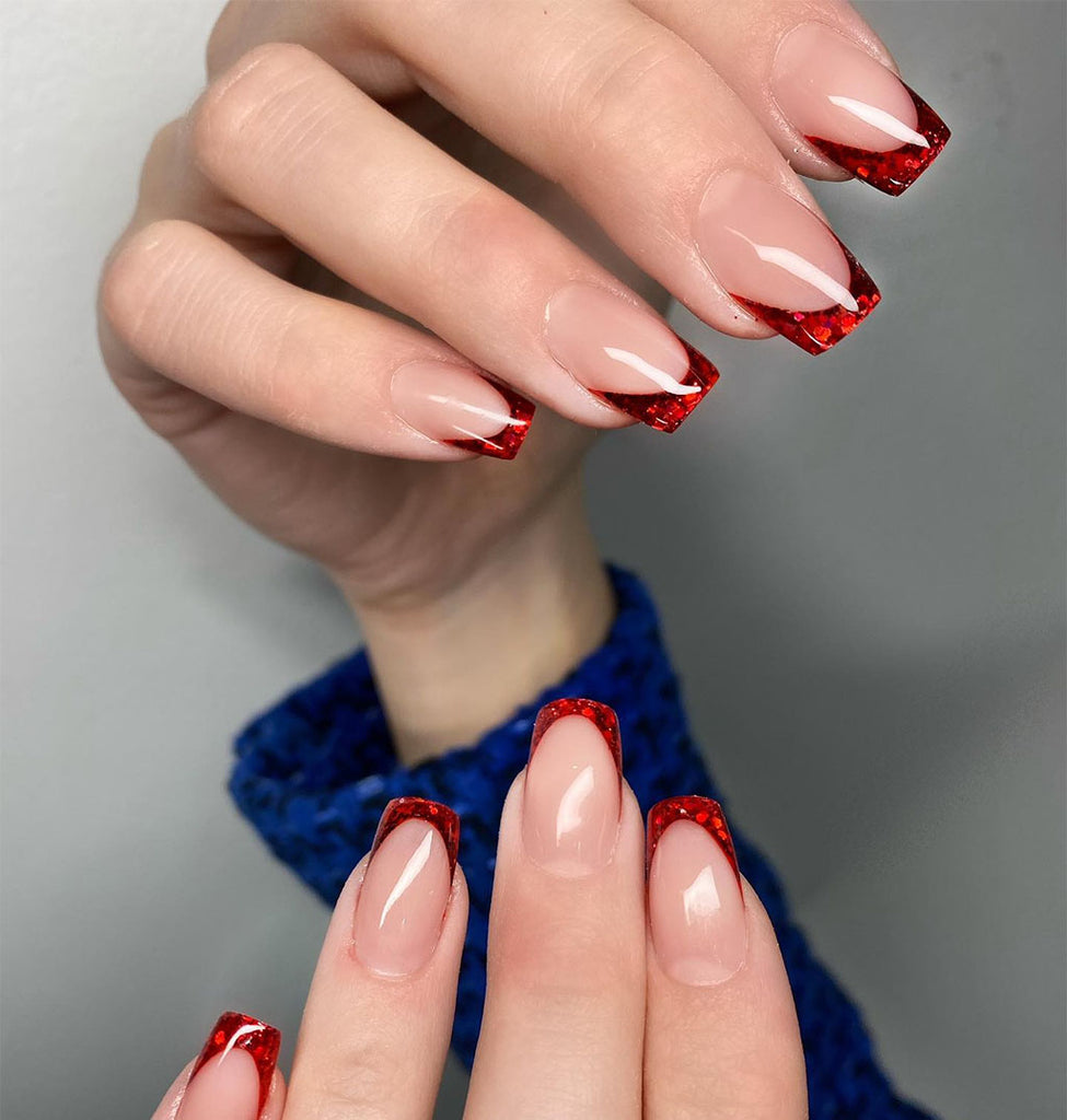 Handmade Red and Gold Matte Nails with Rhinestones