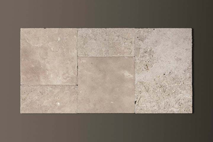 CLASSIC FRENCH-PATTERN HONED&CHISELED-EDGE TRAVERTINE CROSS-CUT TILES