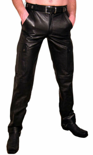 Men's Black Genuine Leather Cargo Pants Trouser – Leather Right