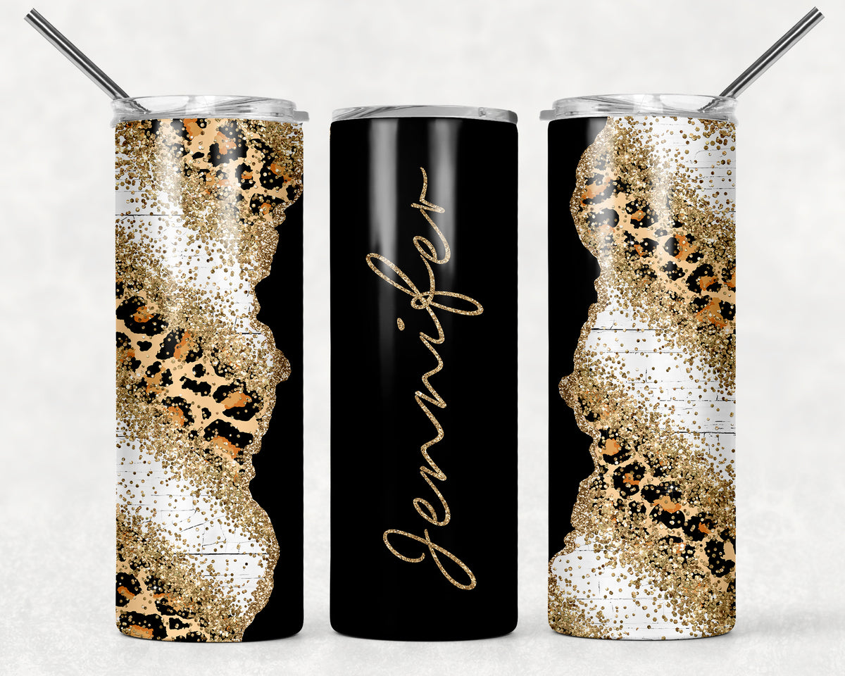 White Rustic & Cheetah Print With Gold Sparkle & Black Side Tumbler ...