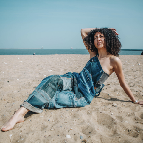 Person on the Beach in Just Harry Dungarees