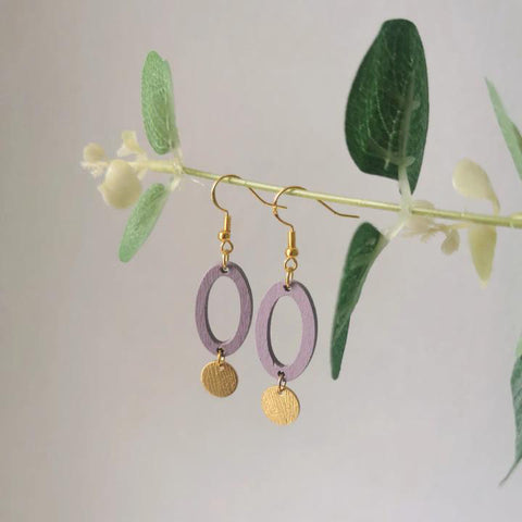 Kaleidoscope Textiles Pretty Geometric Earrings with Lilac Wooden Oval and Textured Brass Circular Coin Charm