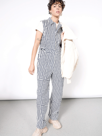 Patterened navy and white sleeveless coverall