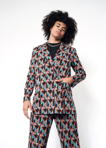 Double breasted mod print blazer suit set
