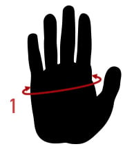 Eine Handflächenillustration, die zeigt, wo der Umfang gemessen werden muss.