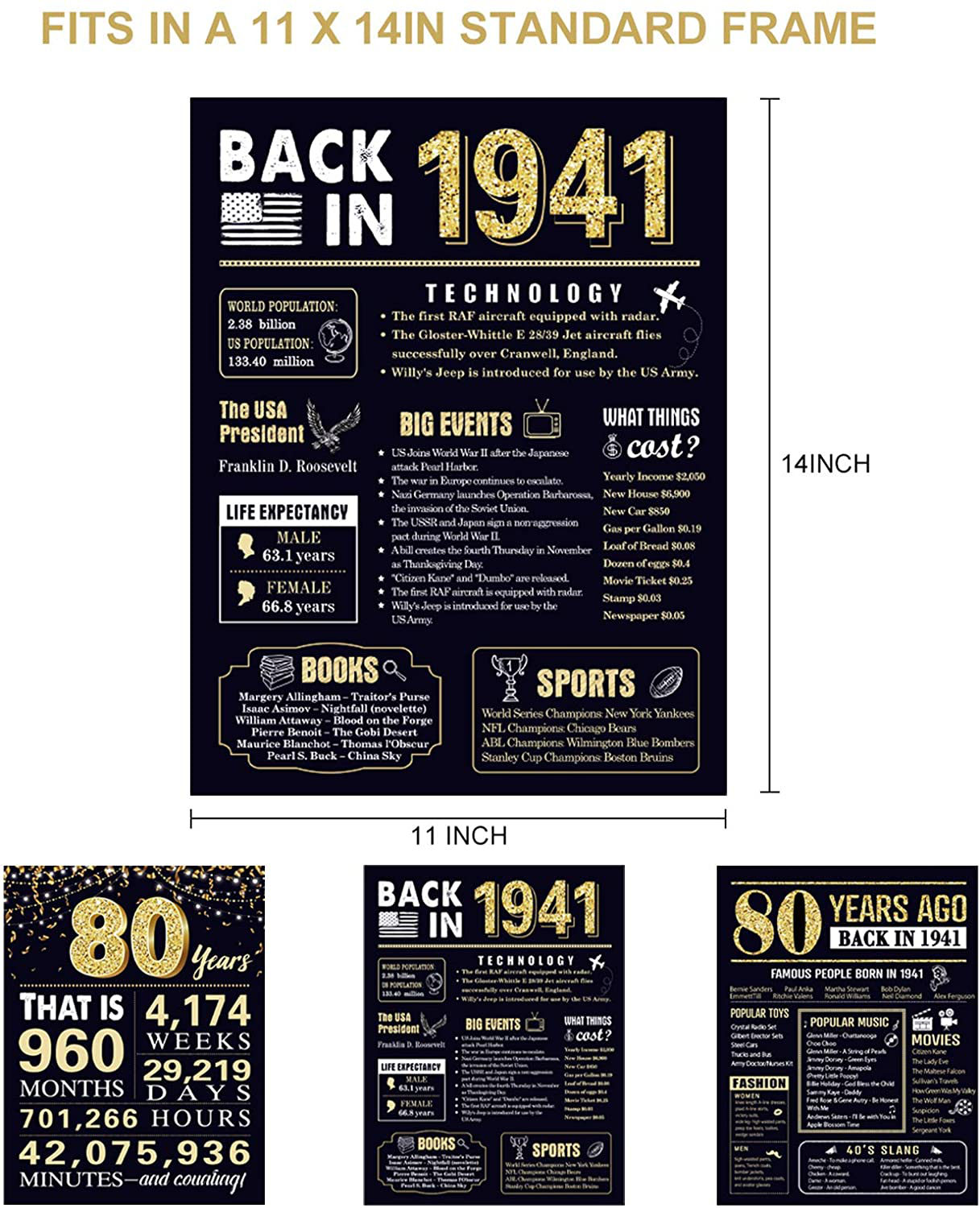 80 Years Ago 80th Birthday Wedding Anniversary Poster 3 Pieces 11 x 14 80s Party Decorations Supplies Large Sign Home Decor for Men and Women (Back in 1941-80 Years)