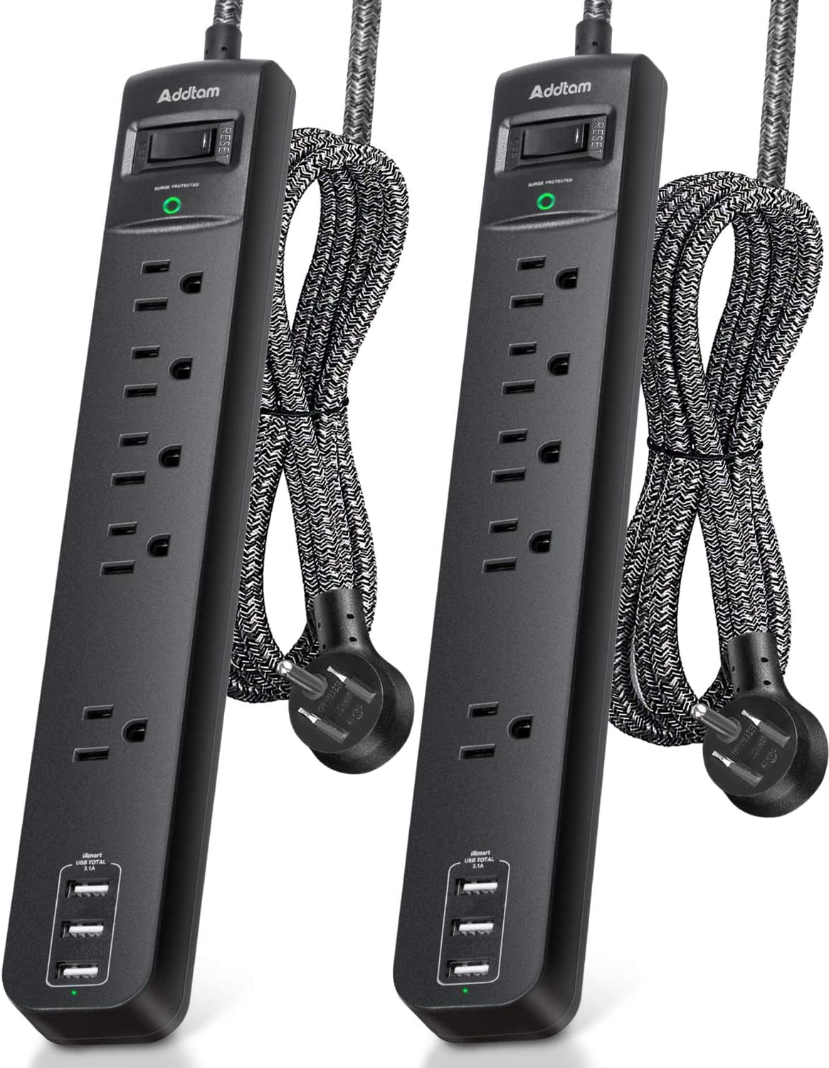 2 Pack Power Strip Surge Protector - 5 Widely Spaced Outlets 3 USB Charging Ports, 1875W/15A with 6Ft Braided Extension Cord, Flat Plug, Overload Surge Protection, Wall Mount for Home Office