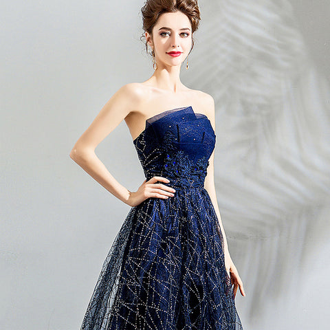 Luxury sexy strapless dark blue A-line beaded Lace wedding dress