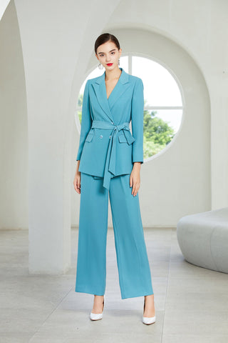 Blue belted pantsuit