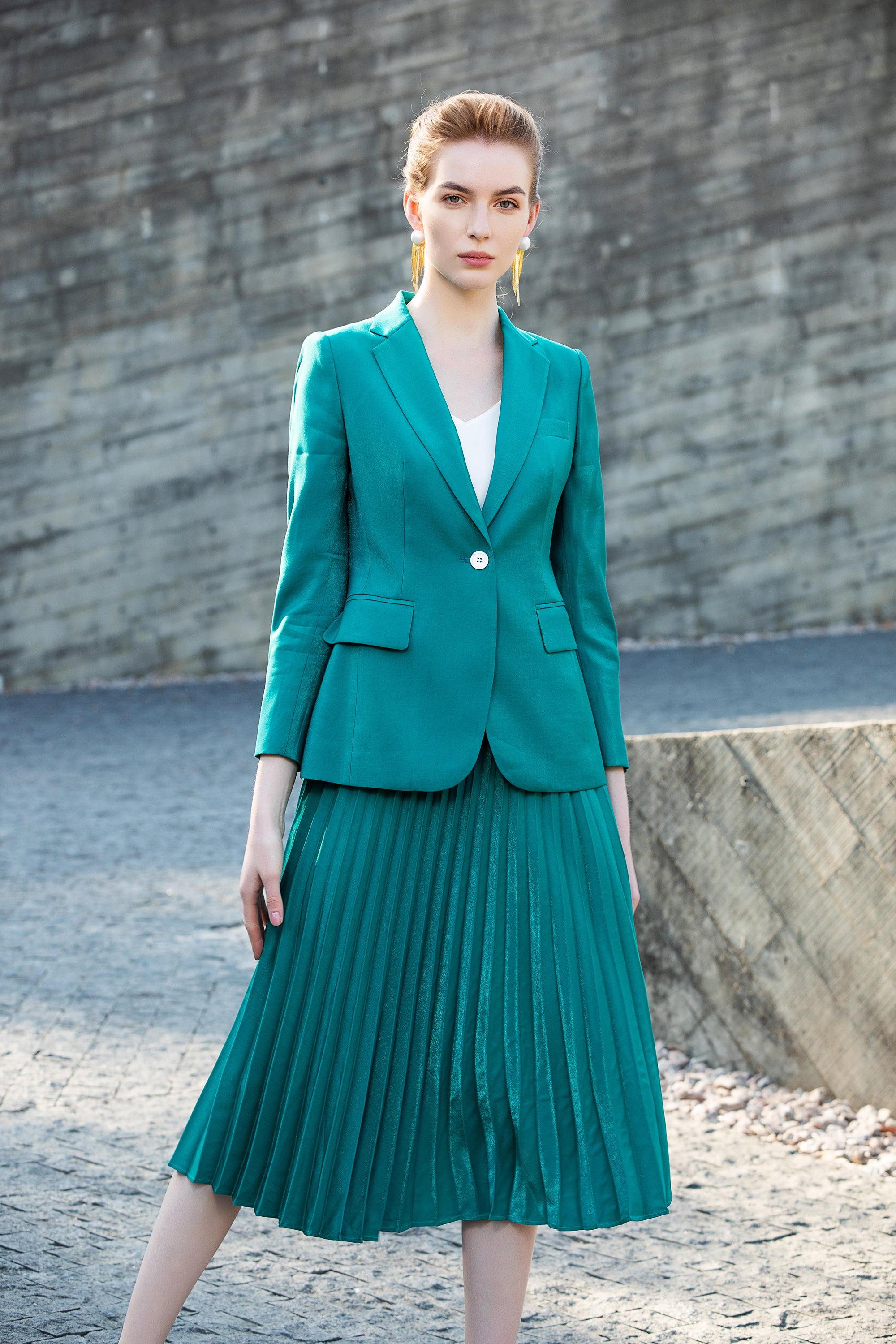 Green V-neck Blazer Pleated Skirt Suit | FashionByTeresa