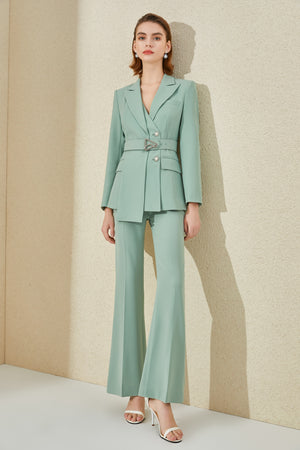 Blue Pant Suit - Wide Leg Belted Pants Suit for Women