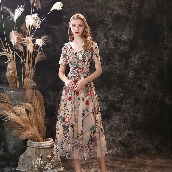 Embroidery V-Neck Flower Midi Dress | FashionByTeresa | FashionByTeresa