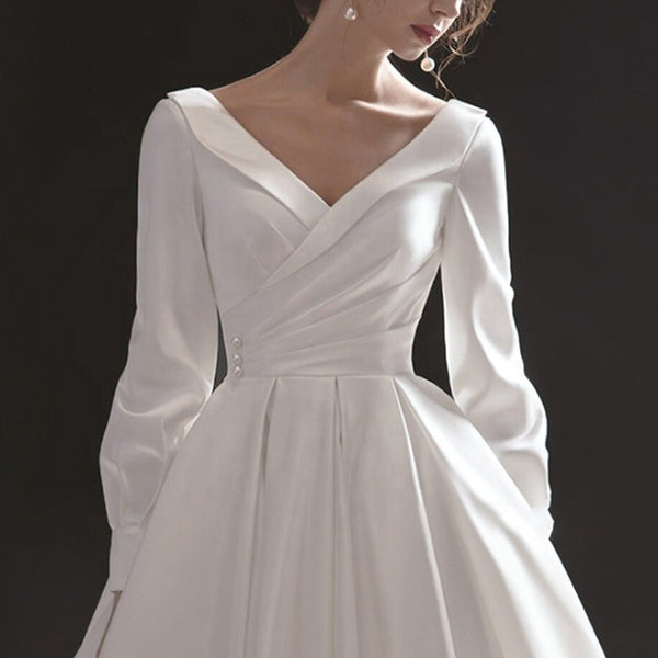 Off Shoulder V-neck Longsleeves White Satin Dress | FashionByTeresa