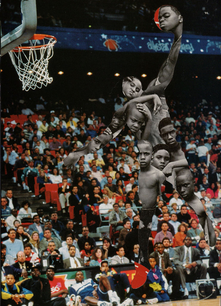 A collage made by Tay in which a player is dunking in front of a large audience but the player's body is made up of young Black men