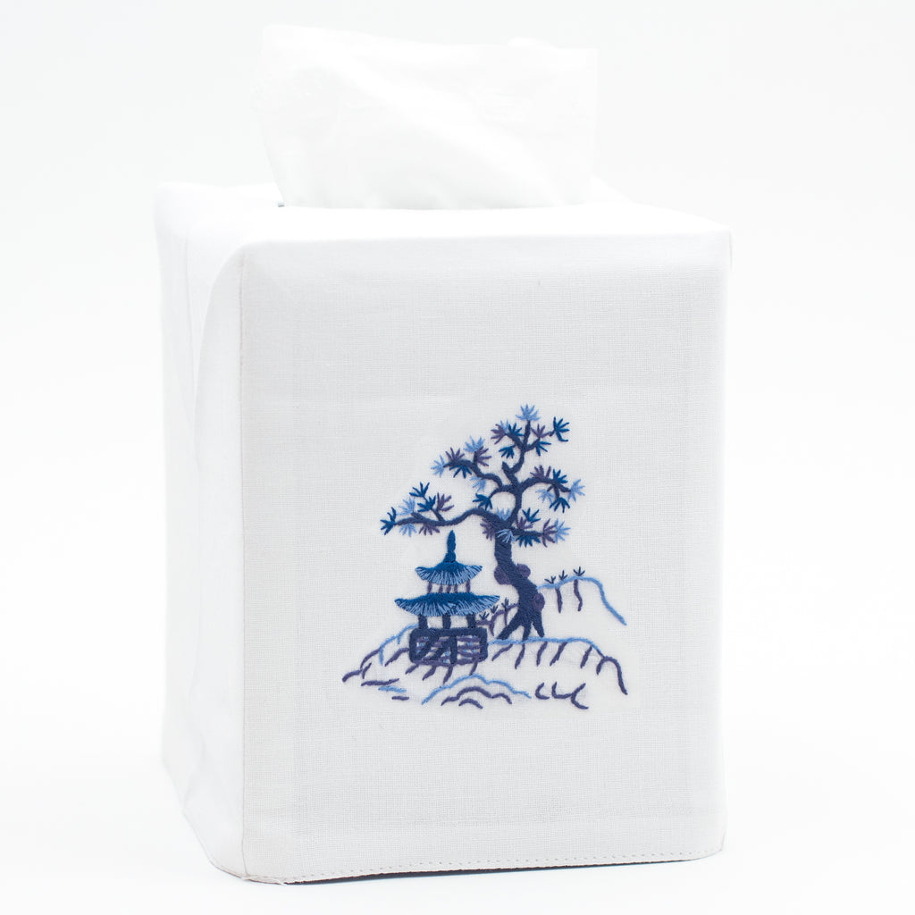 blue and white tissue box cover