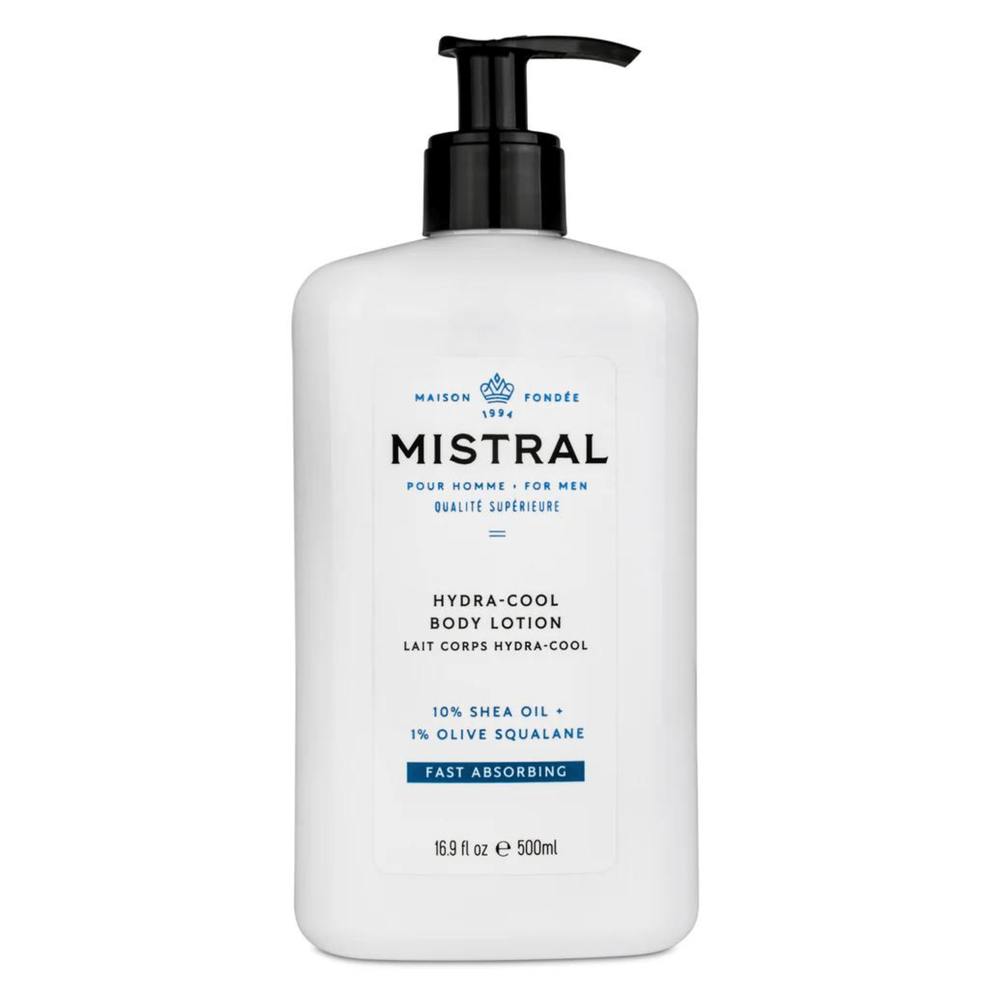  O, MAISON @ FONDEE 199 MISTRAL POUR HOMME FOR MEN QUALITE SUPERIEURE HYDRA-COOL BODY LOTION LAIT CORPS HYDRA-COOL 10% SHEA OIL 1% OLIVE SQUALANE FAST ABSORBING 169 fl oz 500ml 