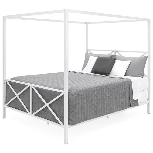 Queen size Modern Industrial Style White Metal Canopy Bed Frame