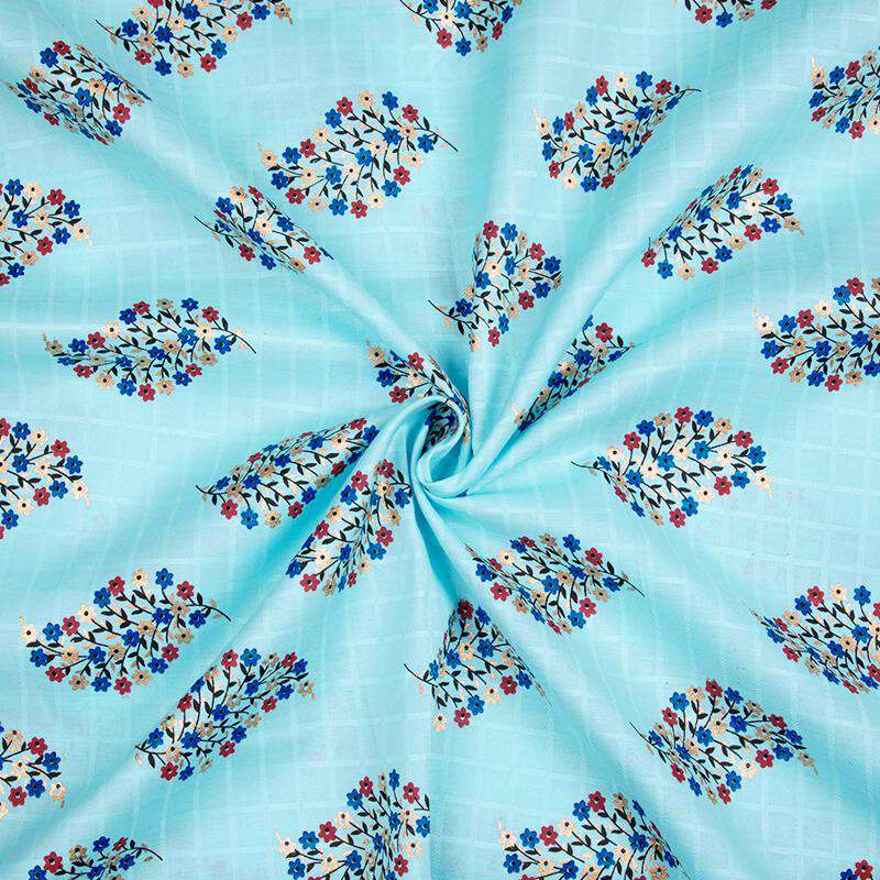 Sky Blue Mughal Floral Pattern Foil Screen Print Dobby ...