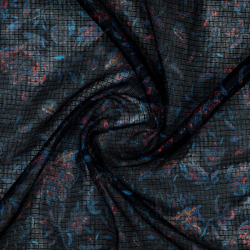 Black Floral Pattern Digital Print Kota Doria Fabric - Fabcurate