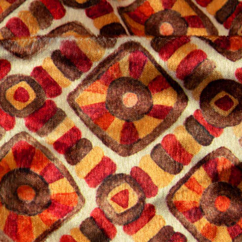 Cream And Maroon Geometric Pattern Digital Print Velvet Fabric (Width 54 inches) - Fabcurate