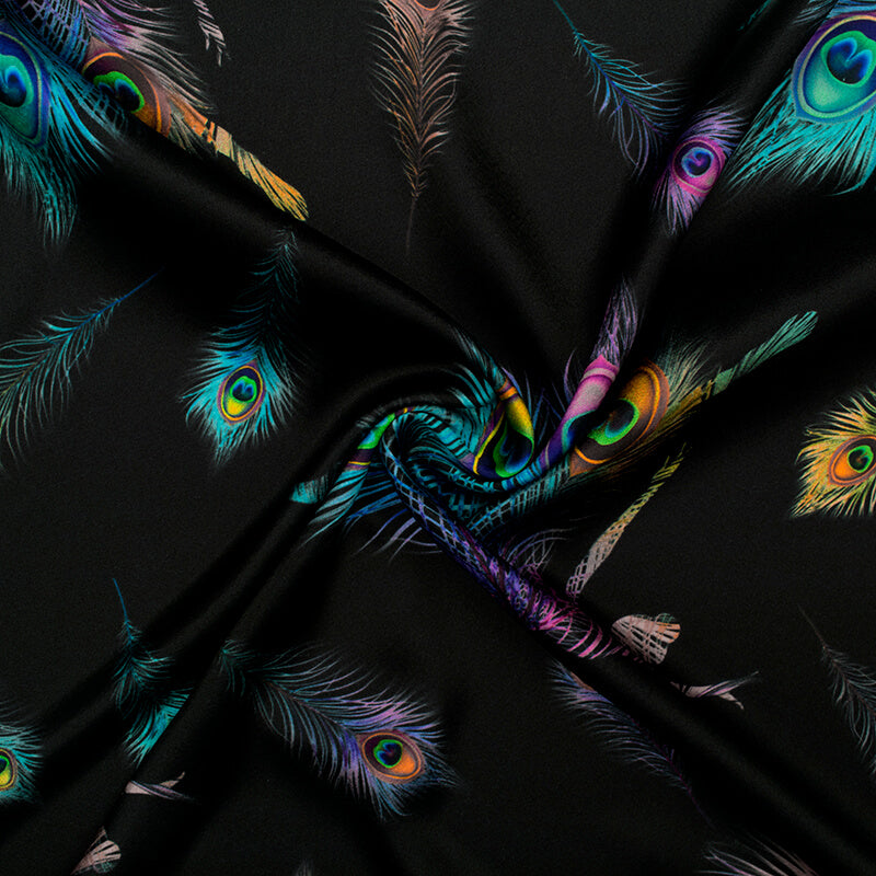 Black And Multi-Color Peacock Feather Pattern Digital Print Japan Sati –  Fabcurate